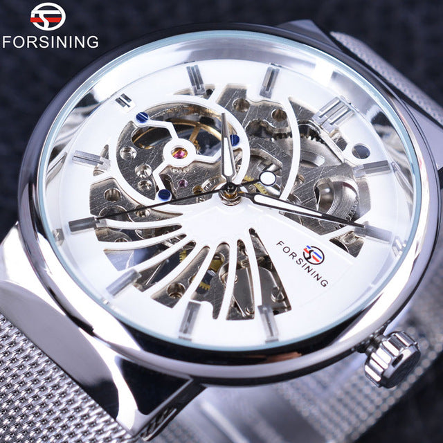 Forsining Silver Steel Transparent Case Skeleton Watch