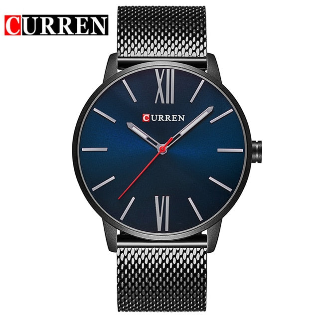 CURREN Luxury Brand Quartz Watch Men's Black Casual Business Stainless Steel Mesh band Quartz-Watch Fashion Thin Clock male