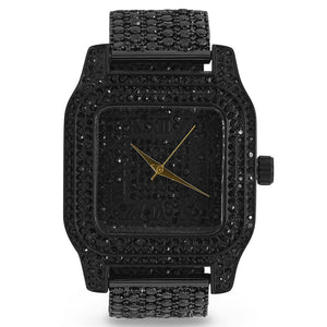 Black Roman Numeral Square Dial Full CZ & Crystal Accented Watch & Band